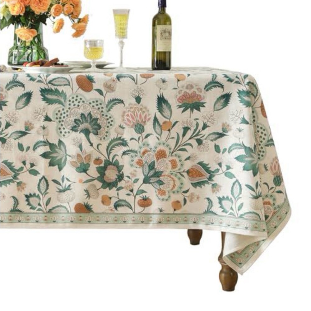 Floral Printed Tablecloth in Cream, Green & Orange